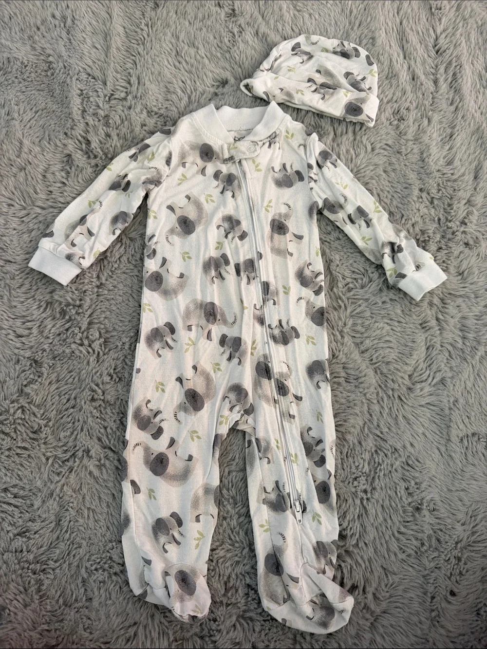 Bamboo - Baby Essentials White Footie with Gray Elephant Print and Matching Hat